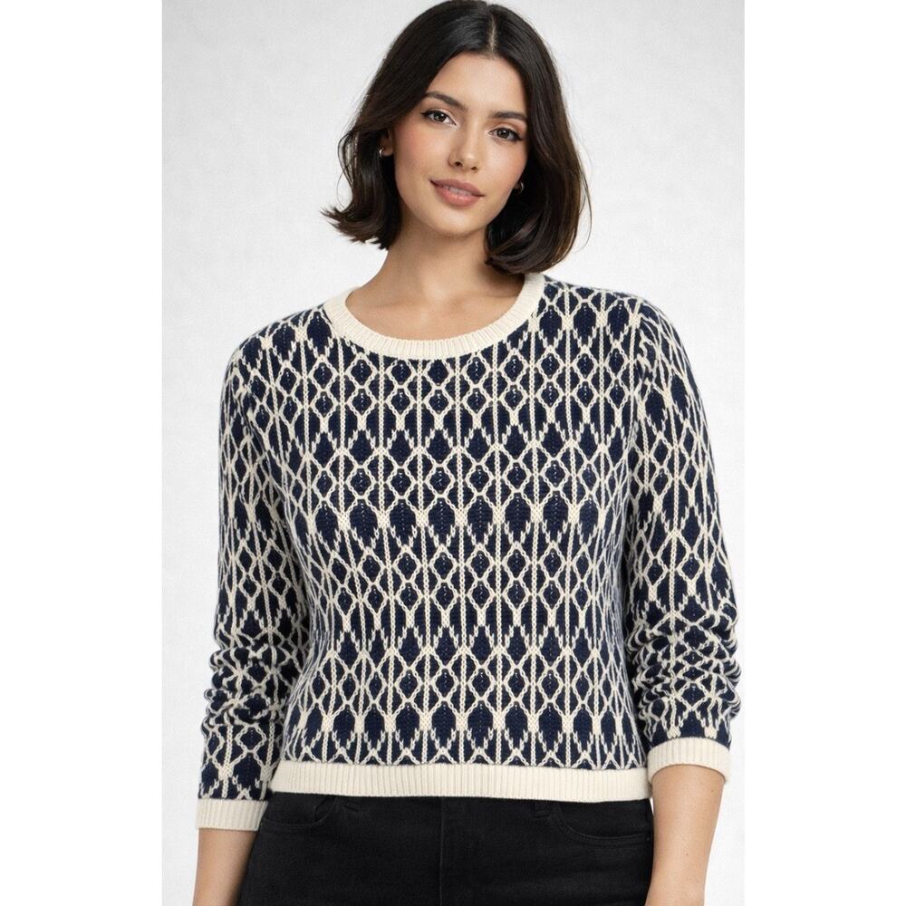 Loft 100% Linen nautical Coastal Sweater Lg Petite Navy and white‎ Geo Lattice